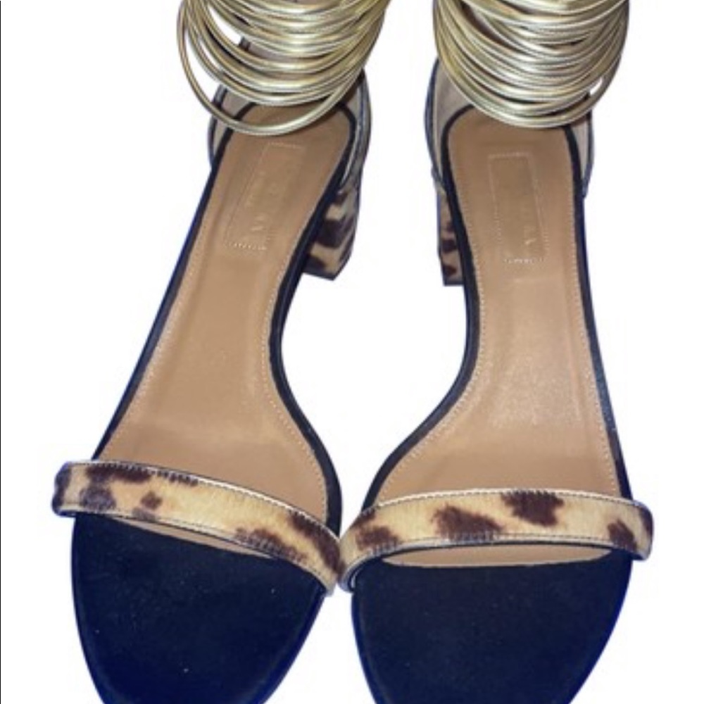Aquazzura Animal Fur Gold Strap sandals